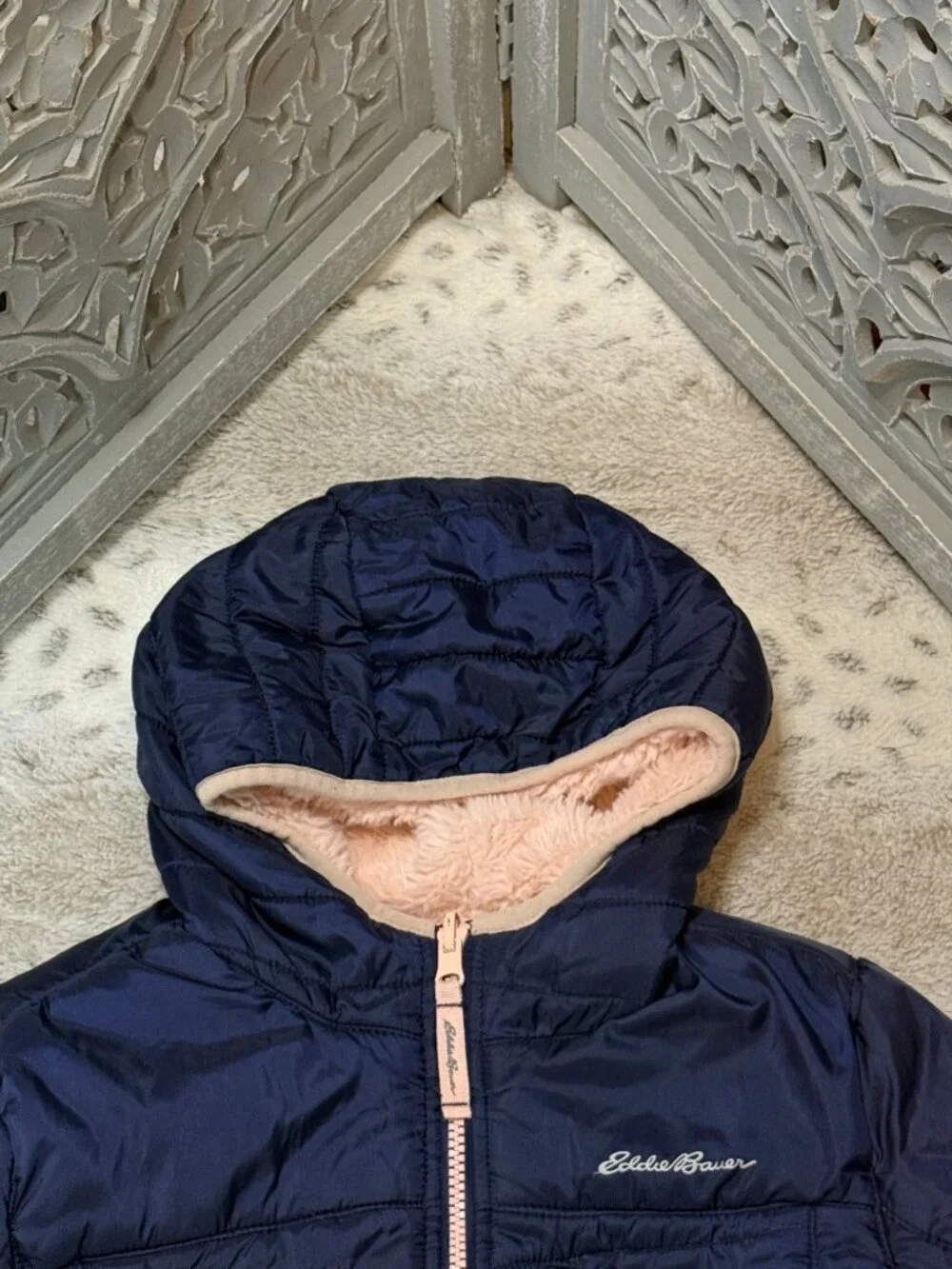 Eddie Bauer reversible puffer jacket girls medium pink faux fur school winter